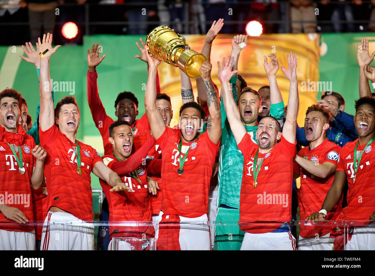 Corentin Tolisso FC Bayern Munich with cup, cheers at FC Bayern Munich after cup victory, 76th DFB cup final, RB Leipzig, RBL, against FC Bayern Stock Photo