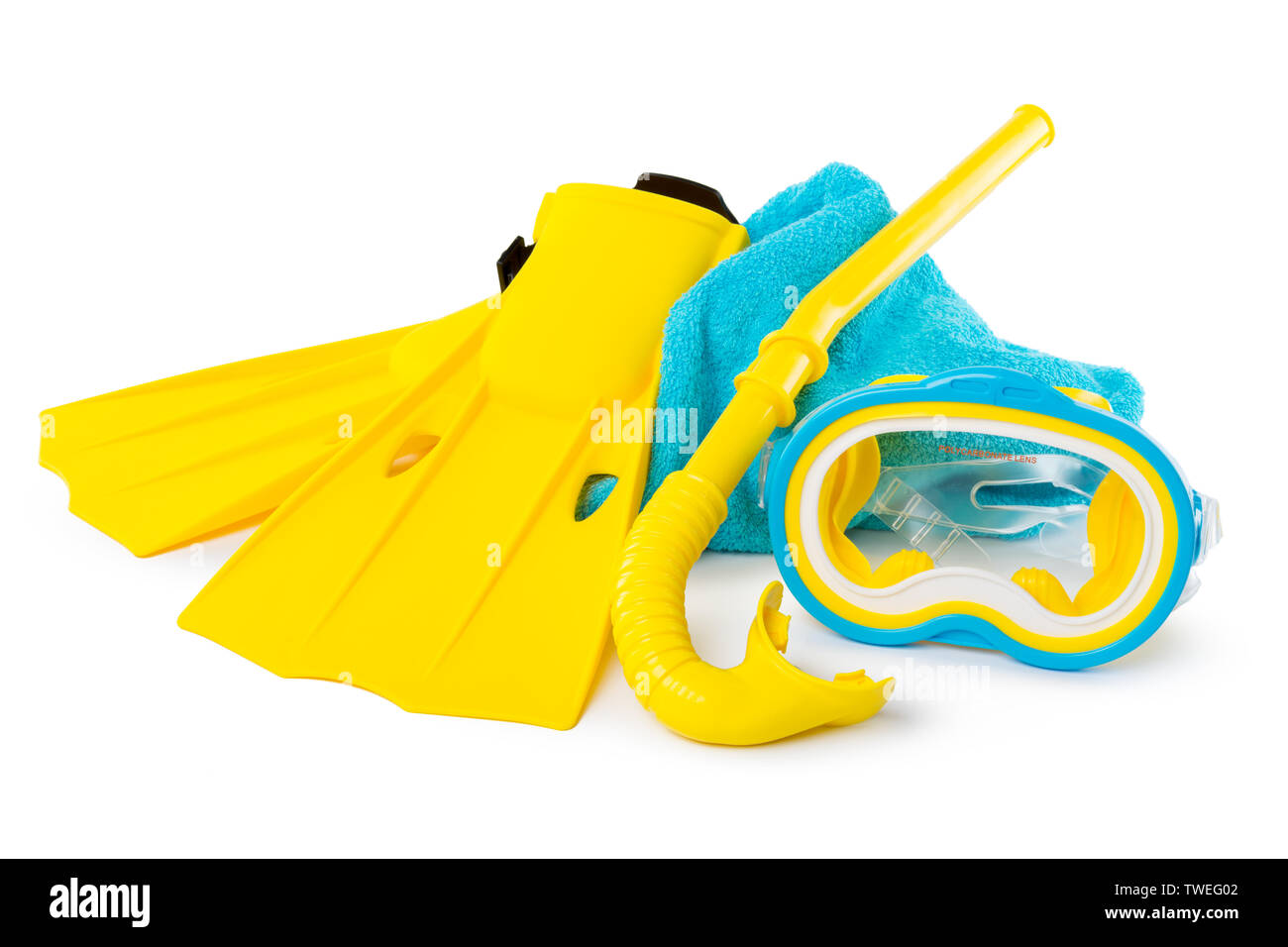 Diving equipment goggles,snorkel and flippers on white background Stock ...