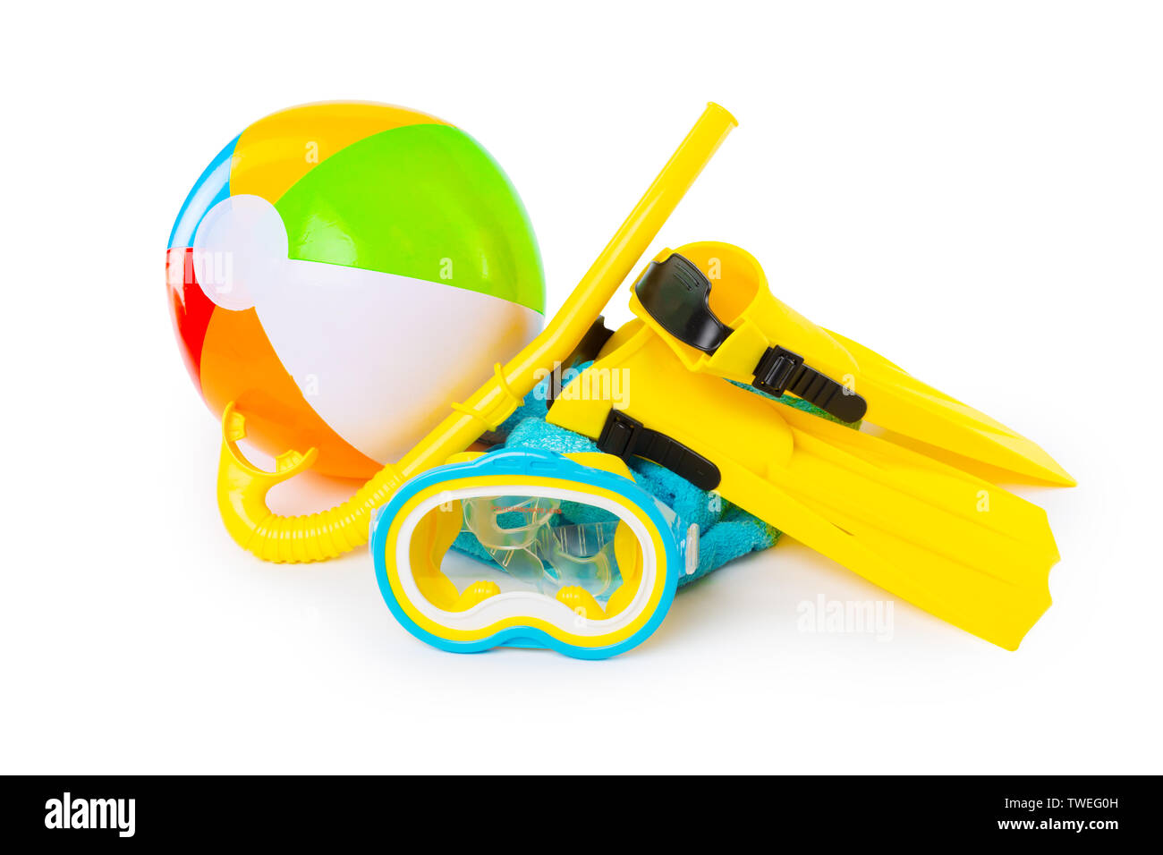 Diving equipment goggles,snorkel and flippers on white background Stock ...