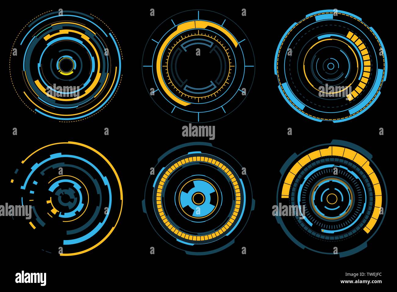 Set of futuristic radial graphic elements. Neon blue and yellow HUD. Circle Head-up display for web and app. Futuristic user interface. Template UI fo Stock Vector