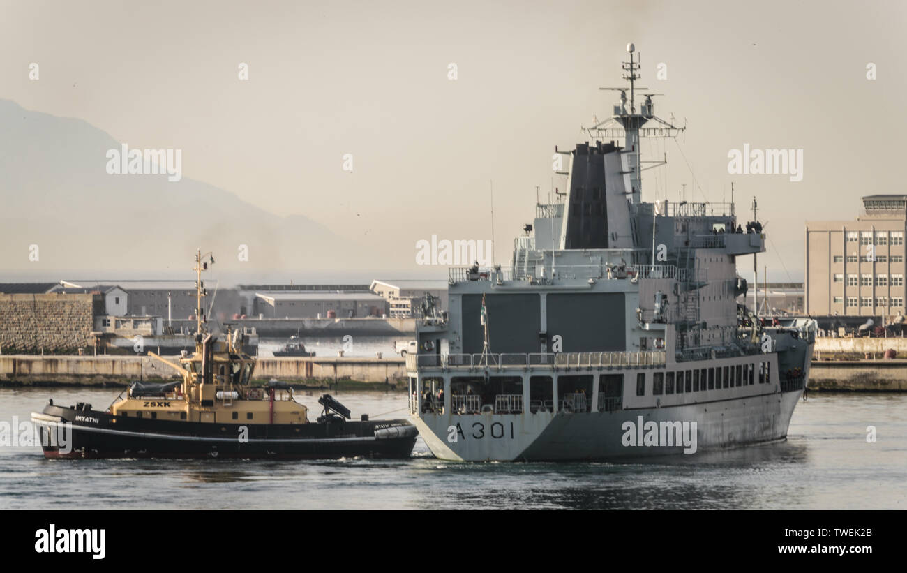 The SAS Drakensberg fleet replenishment ship arrives at the Simons Town naval base along South Africa's Western Cape False Bay coast Stock Photo