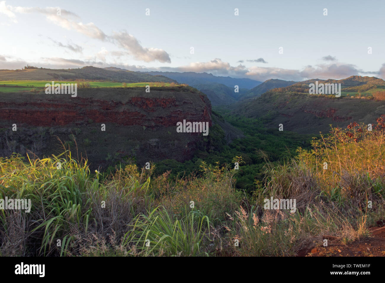 This photograph shows you the scenic Hanapepe Overlook at sunset just off Highway 50 near Port Allen. Stock Photo