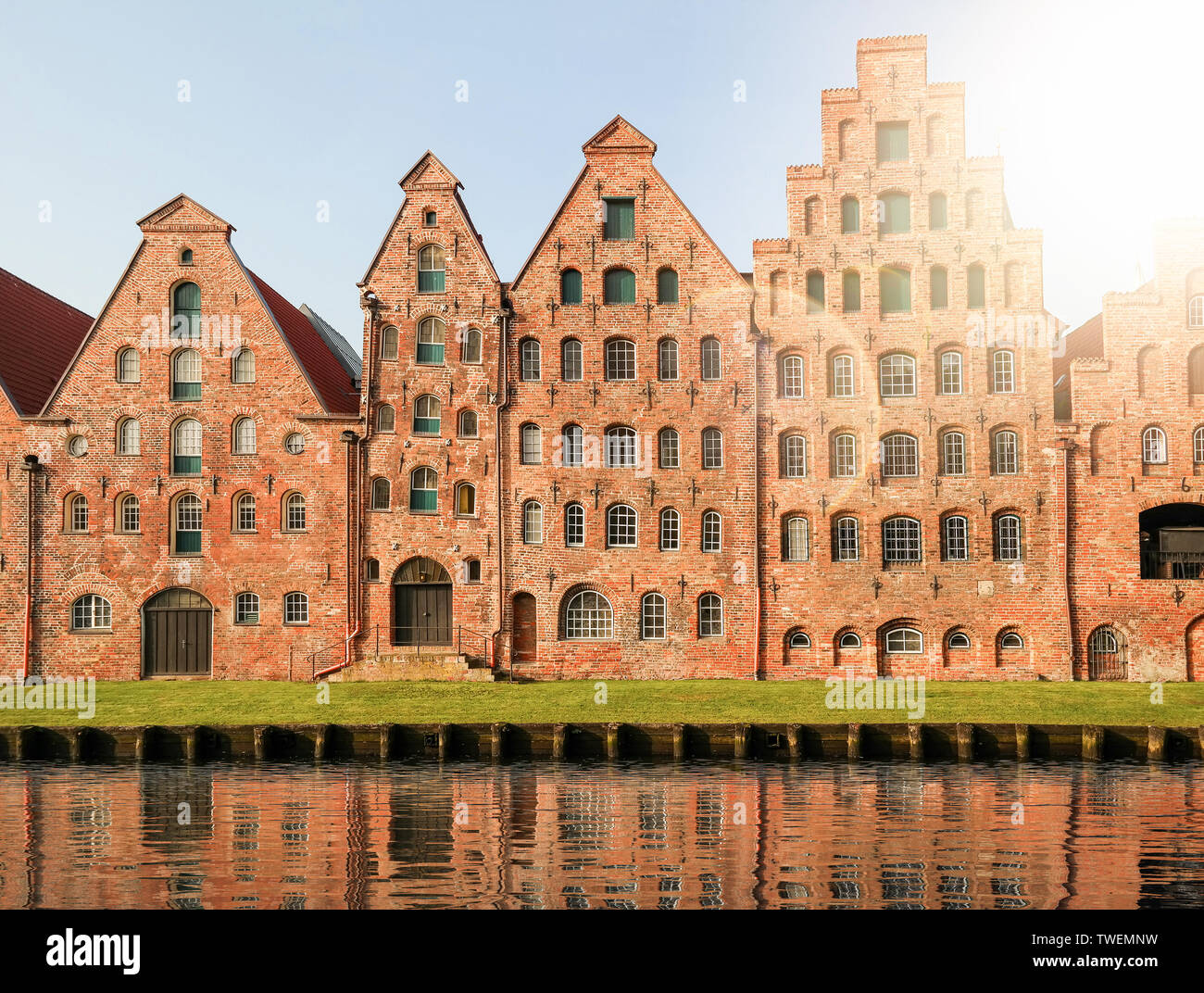 historic Salzspeicher warehouses in Lubeck, Germany against clear blue sky Stock Photo