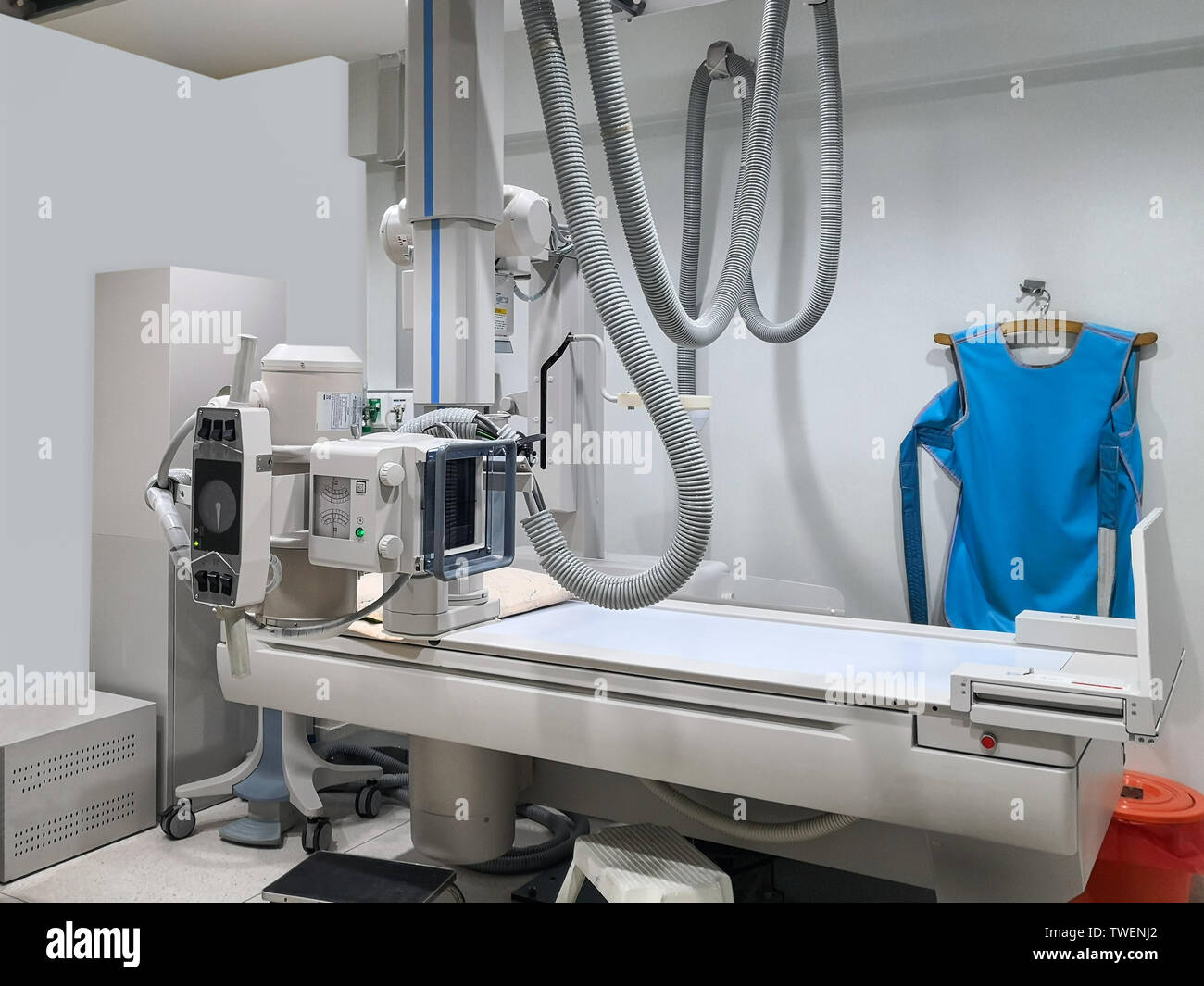 Xray medical scan machine room with radiation protection vest in