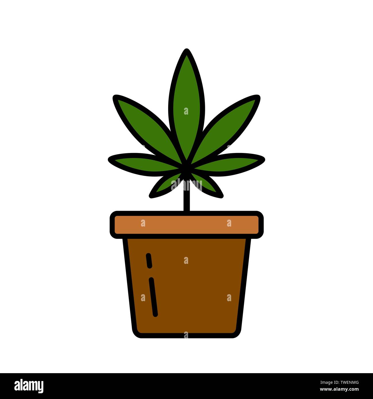 Cannabis plant in a flower pot. Medical marijuana. Growing cannabis. Isolated vector illustration on white background. Stock Vector