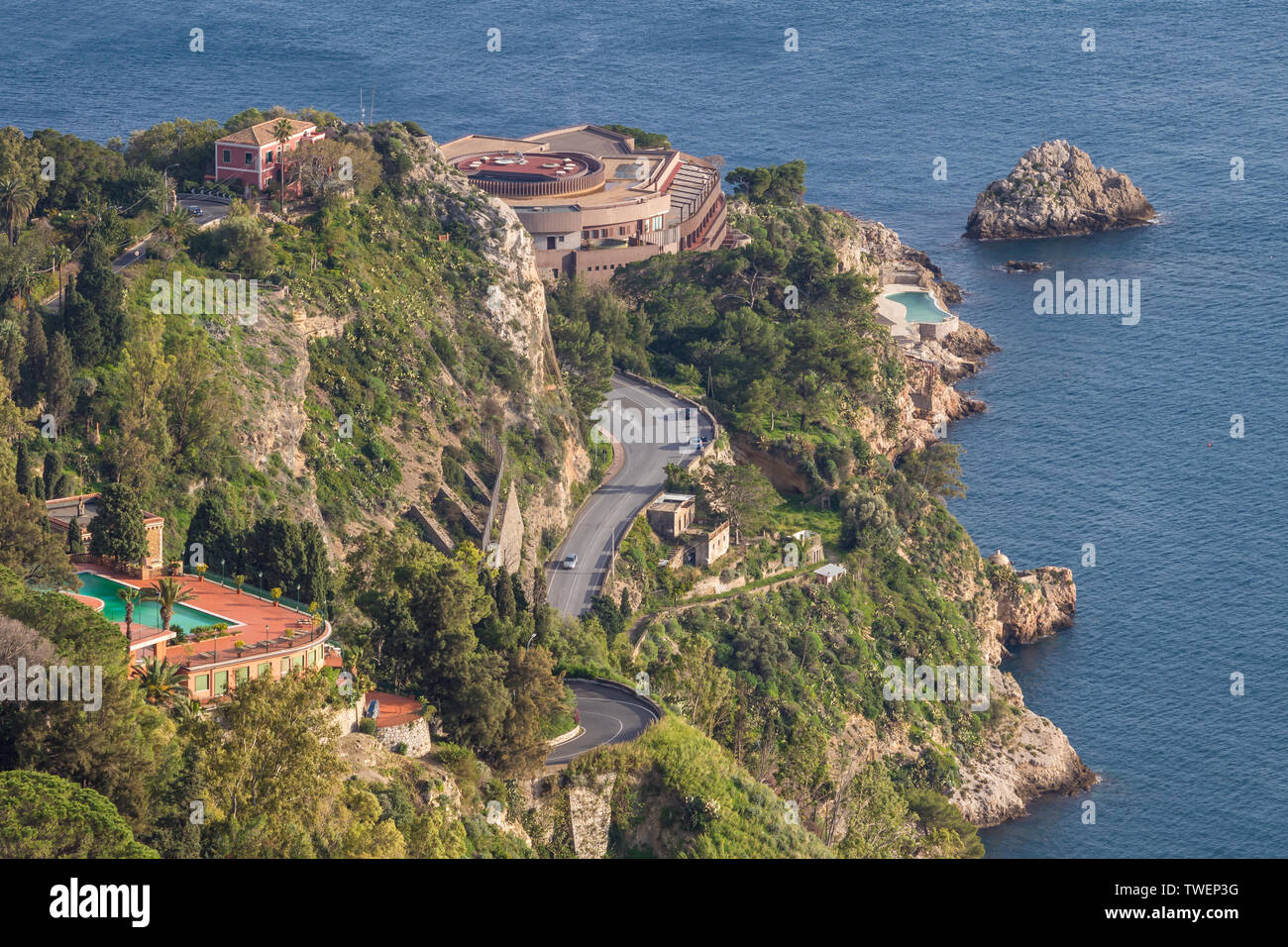 Elevated view over the coastline, Taormina, Sicily, Italy, Europe Stock Photo