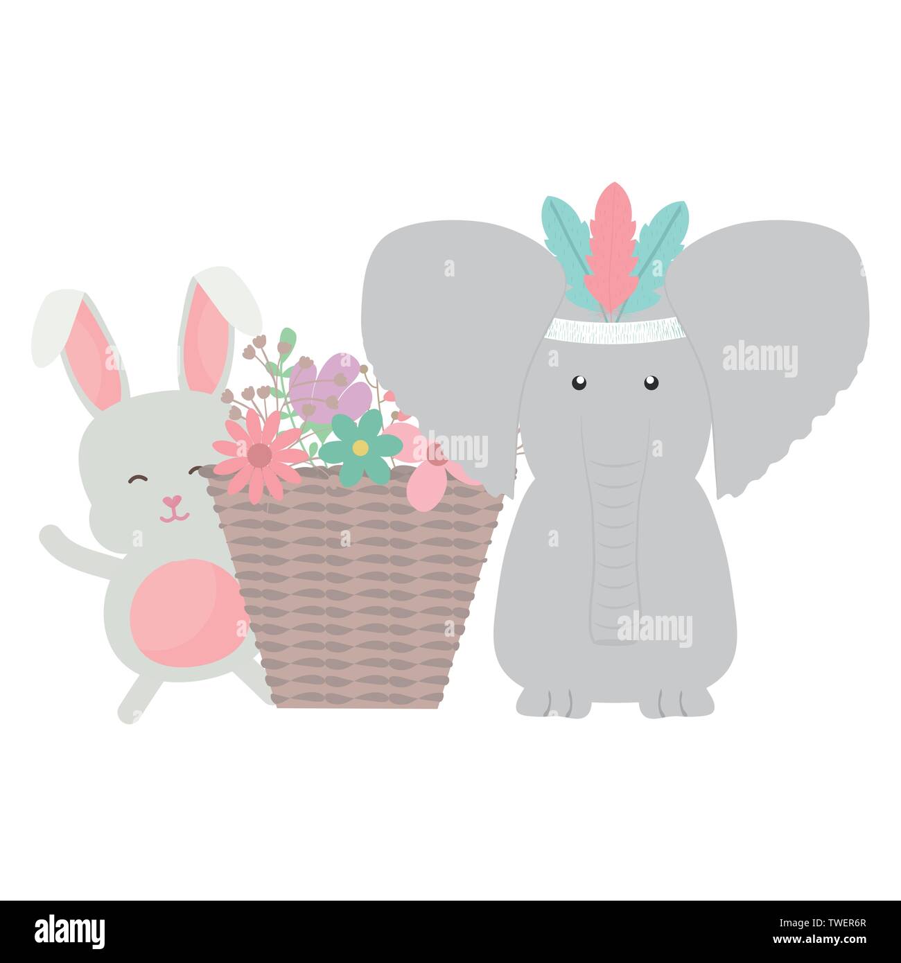 elephant and rabbit with feathers hat and basket of flowers vector ...