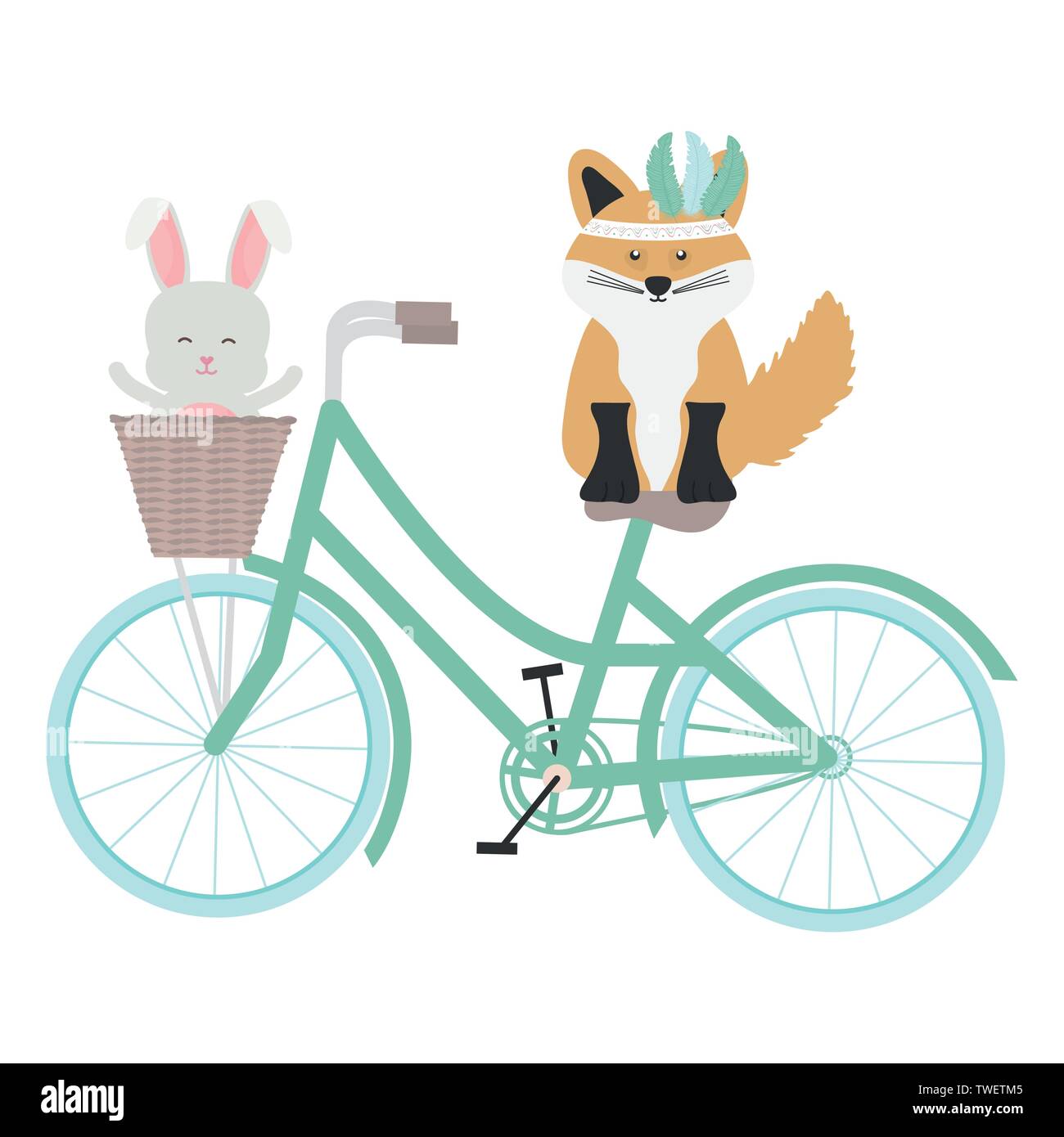 cute fox and rabbit with feathers hat in bicycle bohemian style vector ...
