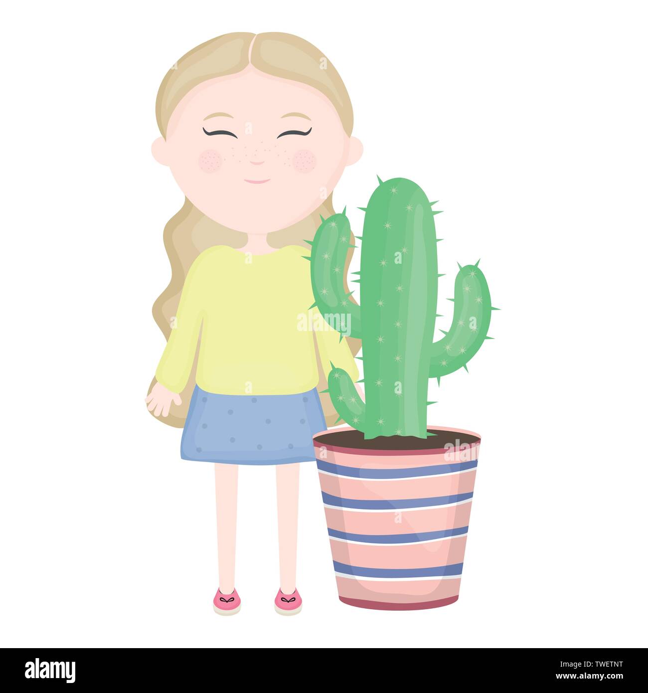 cute little girl with cactus in ceramic pot vector illustration design