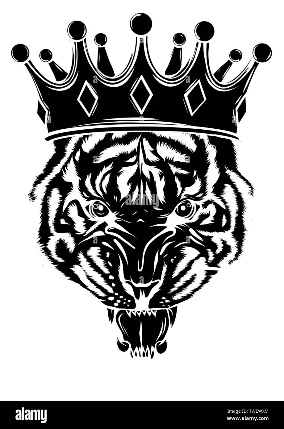 Portrait of a tiger with a golden crown on his head, grinning in fury vector Stock Vector