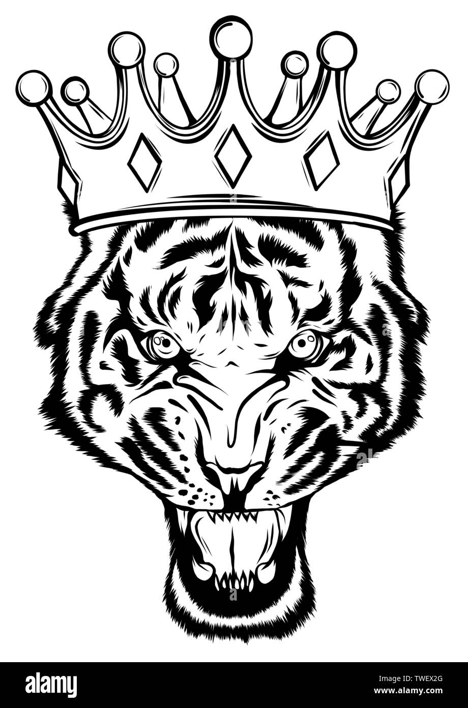 Portrait of a tiger with a golden crown on his head, grinning in fury vector Stock Vector