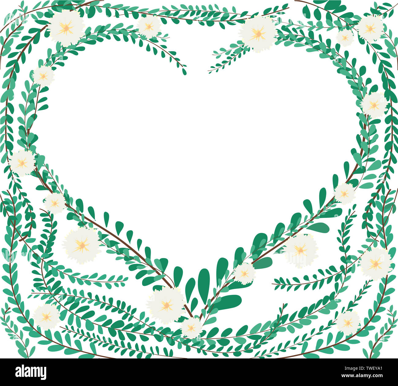 heart shape in green pastel leafs Coat buttons , Mexican daisy background EPS10 Stock Photo