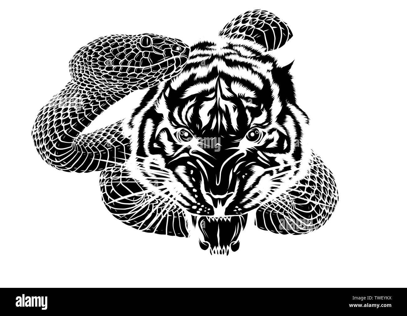 snake and tiger fighting, tattoo vector illustration Stock Vector