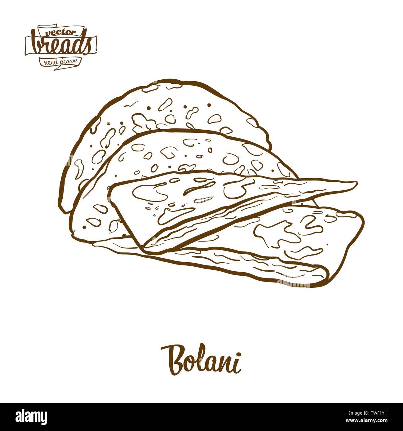 Bolani bread vector drawing. Food sketch of Flatbread, usually known in Afghanistan. Bakery illustration series. Stock Vector
