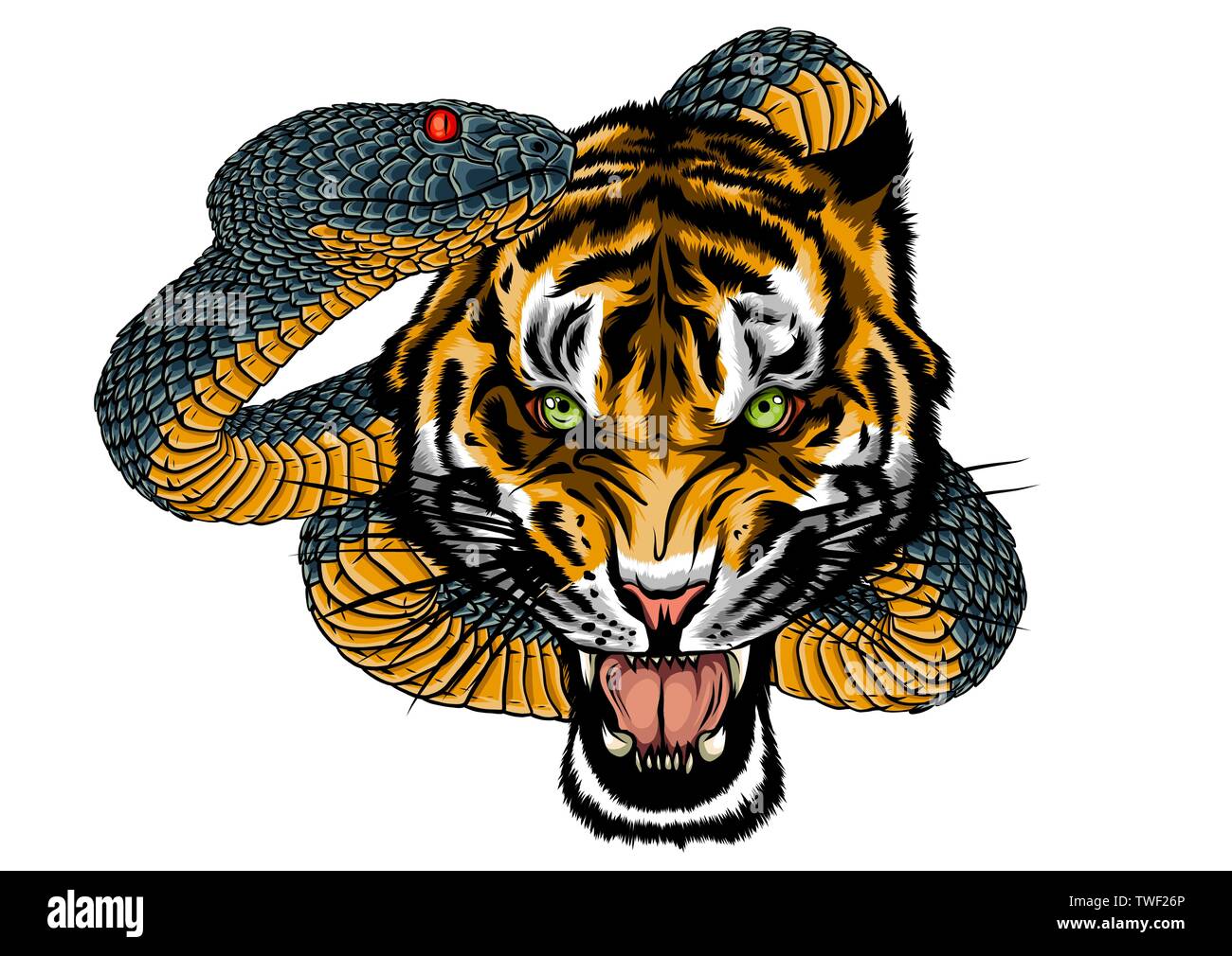 snake and tiger fighting, tattoo vector illustration Stock Vector