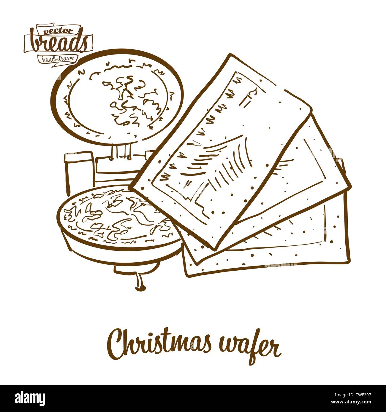 Christmas wafer bread vector drawing. Food sketch of Crispy bread, usually known in Eastern Europe. Bakery illustration series. Stock Vector