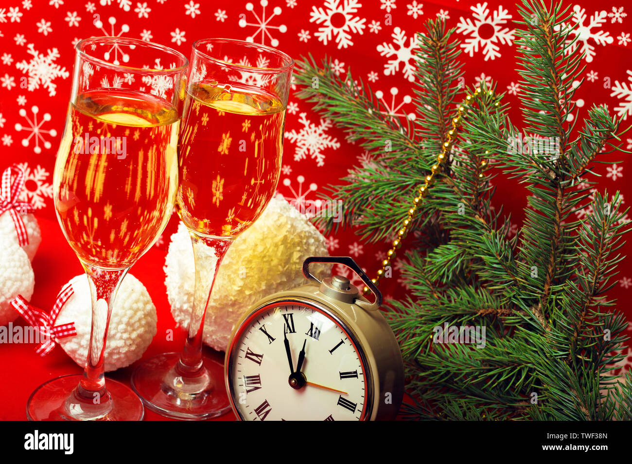 glasses of champagne and Christmas decorations Stock Photo - Alamy