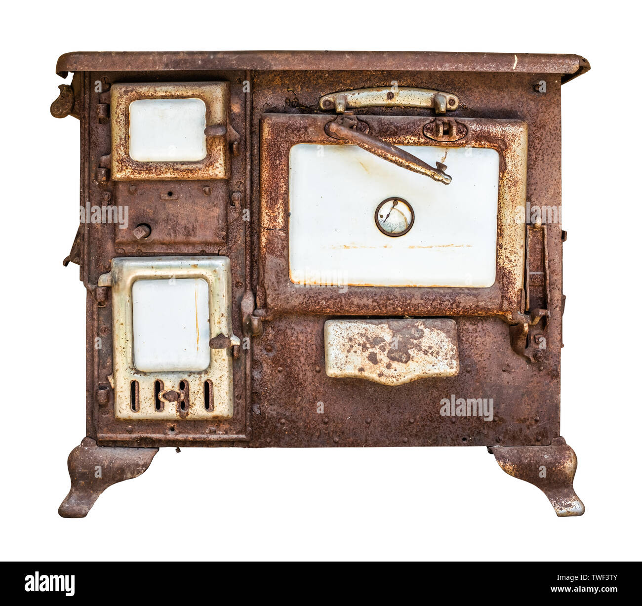 Isolated Rusty Old Farmhouse Stove, Oven Or Range On A White Background Stock Photo