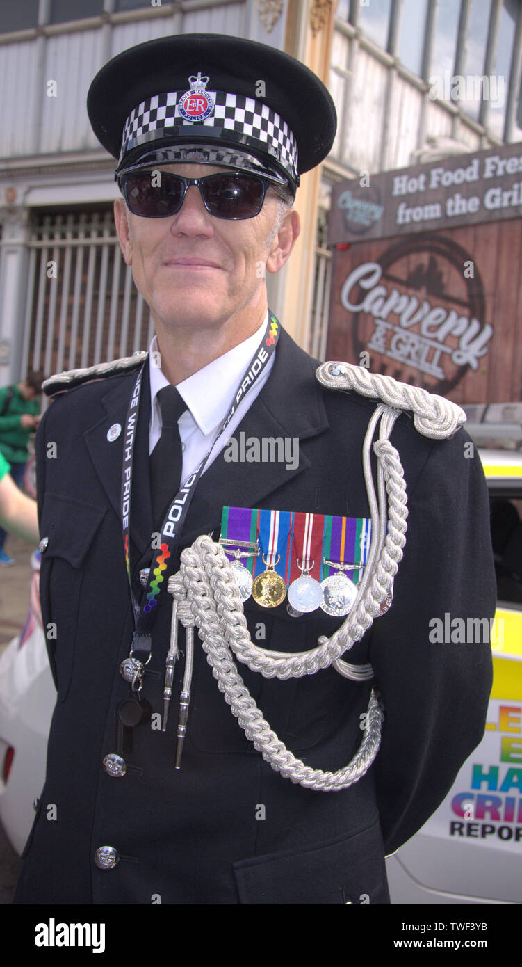 A police officer in uniform at Manchester, uk, LGBT Pride Parade 2018 A police officer in uniform with medals at Manchester LGBT Pride Parade 2018 Stock Photo