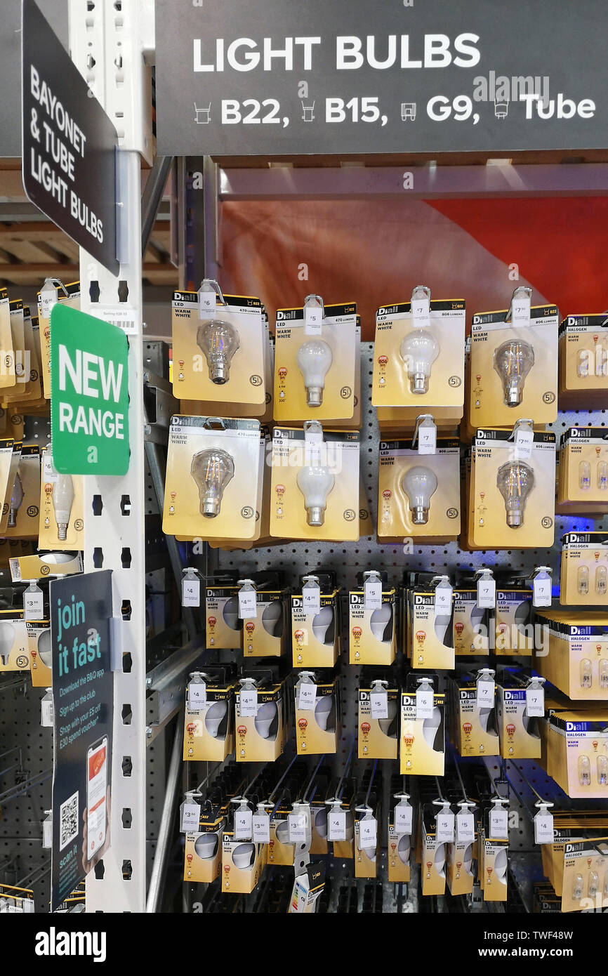 LED light bulbs on sale at a large store in Warwick, Warwickshire, UK ...