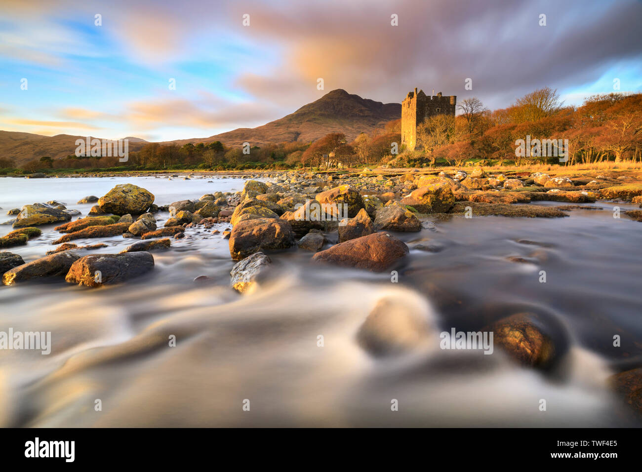 Moy Castle on Loch Buie captured shortly before sunset. Stock Photo