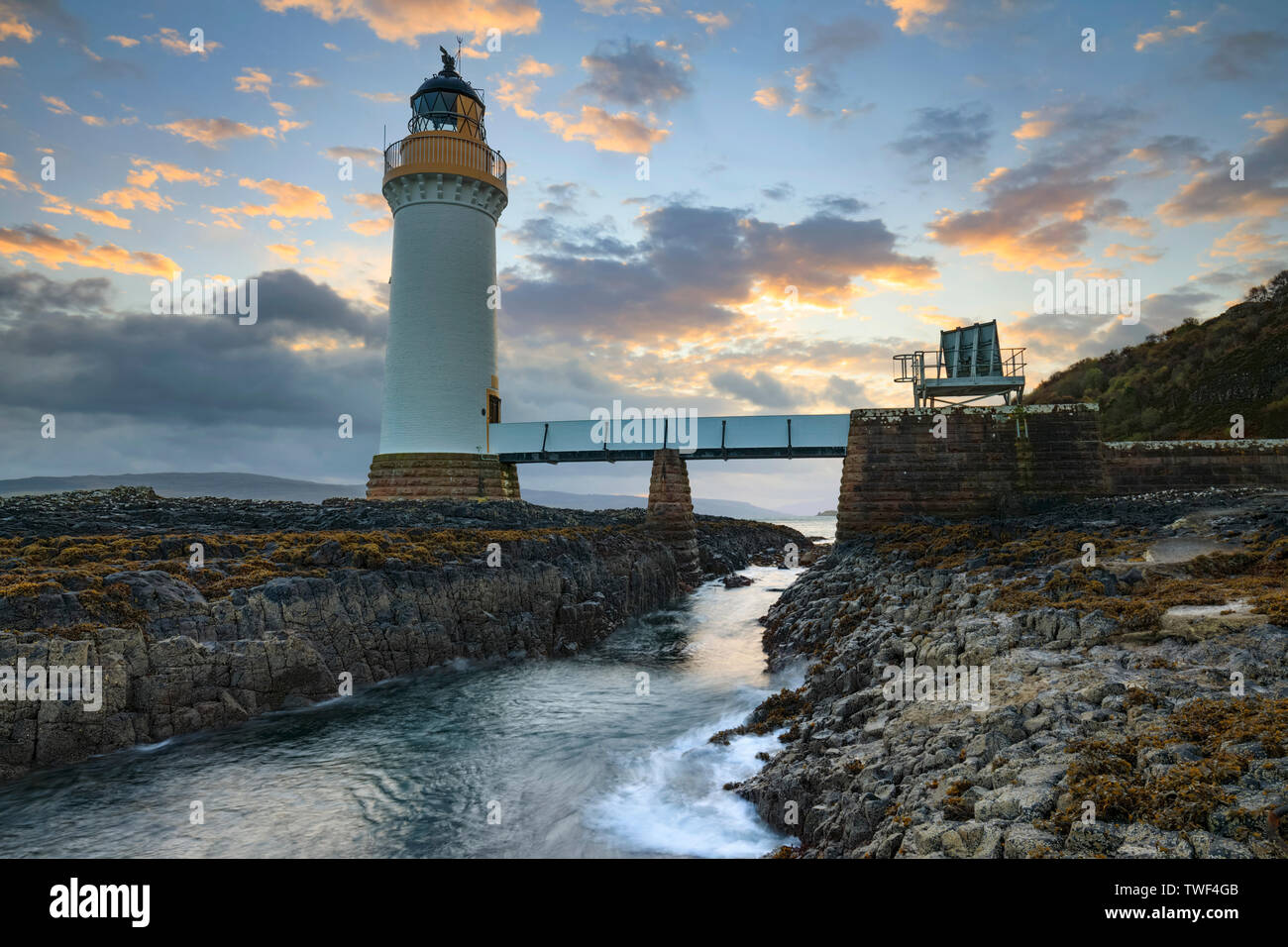 Rubha nan Gall Lighthouse captured shortly after sunrise. Stock Photo