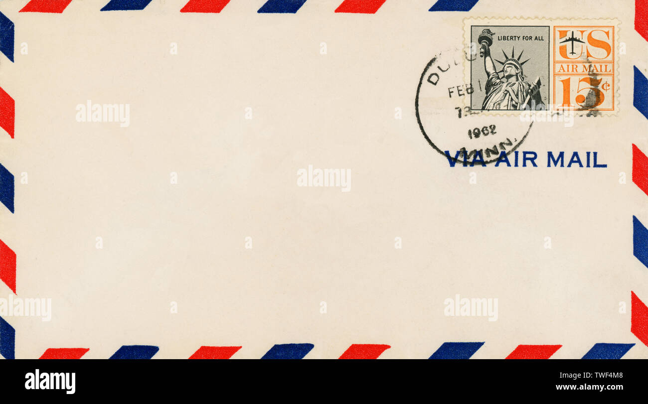Vintage Air Mail Envelope : with stamps, marks and postal elements. Stock Photo