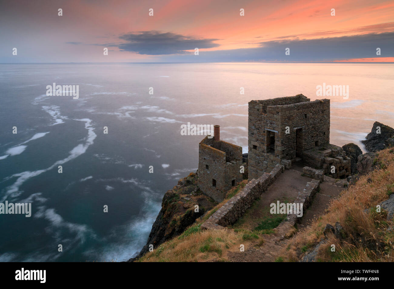 Sunset behind the Crowns Engine Houses at Botallack. Stock Photo
