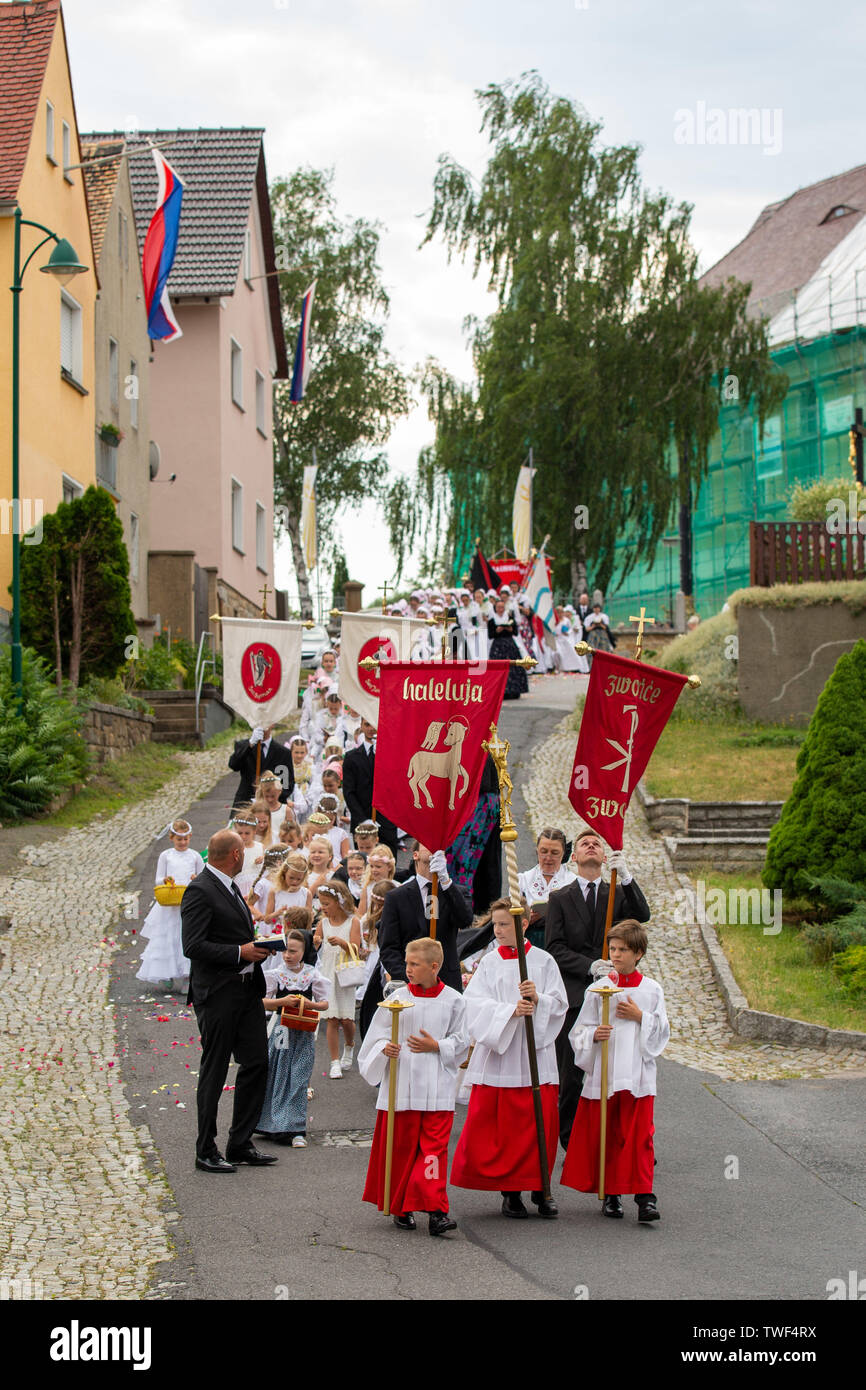 Crostwitz, Germany. 20th June, 2019. Flag bearers take part in the Corpus Christi procession. In the Free State of Saxony, Corpus Christi is only a holiday in 26 communities of the Catholic Sorbs. Credit: Daniel Schäfer/dpa-Zentralbild/ZB/dpa/Alamy Live News Stock Photo