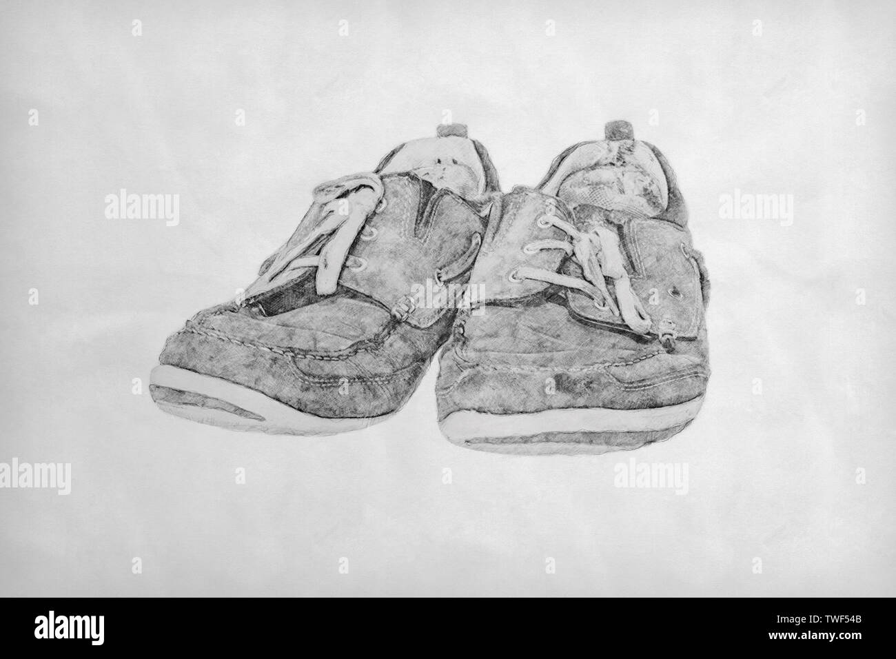 Pencil drawing of a pair of old worn-out lace-up shoes Stock Photo - Alamy