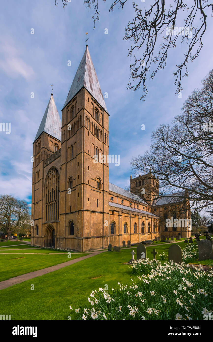 The West Front and south side of Southwell Minster which is the Cathedral Church of Nottinghamshire. Stock Photo
