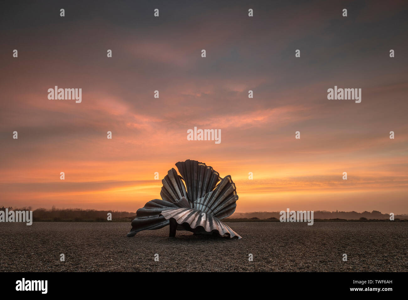The art installation Clamshell at Aldeburgh in Suffolk at sunset. Stock Photo