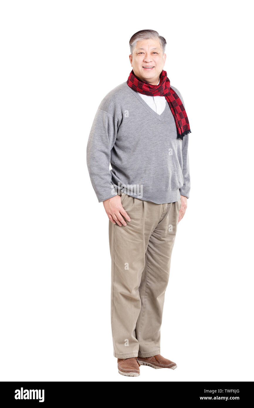 old standing Asian man in grey jumper and scarf Stock Photo Alamy