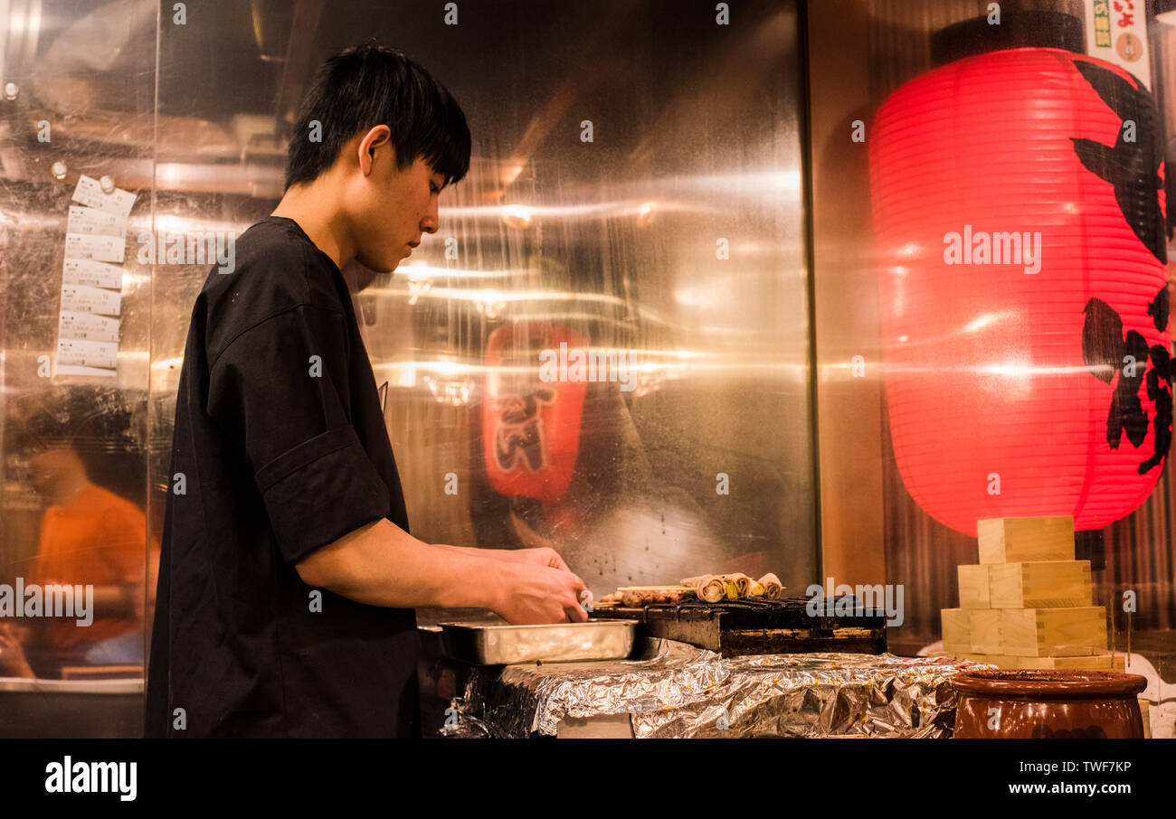 Chef preparing meal in restaurant in Asakusa Tokyo in Japan. Stock Photo