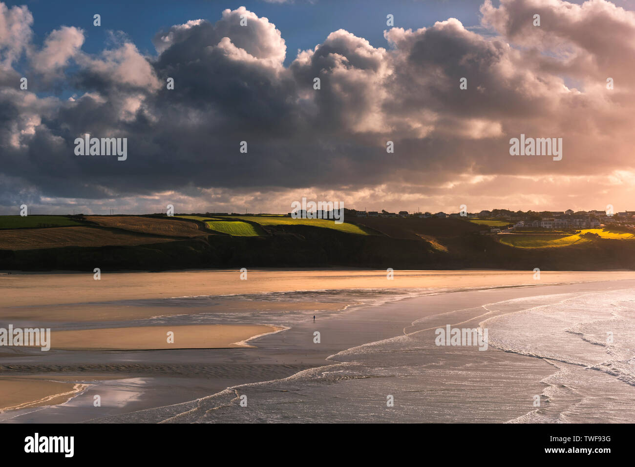 Evening light over Crantock Beach in Newquay in Cornwall. Stock Photo