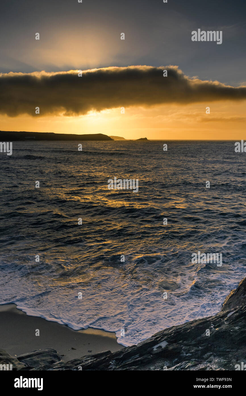 A spectacular sunset over Pentire Point East on the North Cornwall Coast. Stock Photo