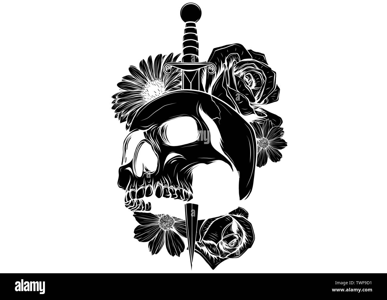 tattoo skull with roses and knife vector illustration Stock Vector Image   Art  Alamy