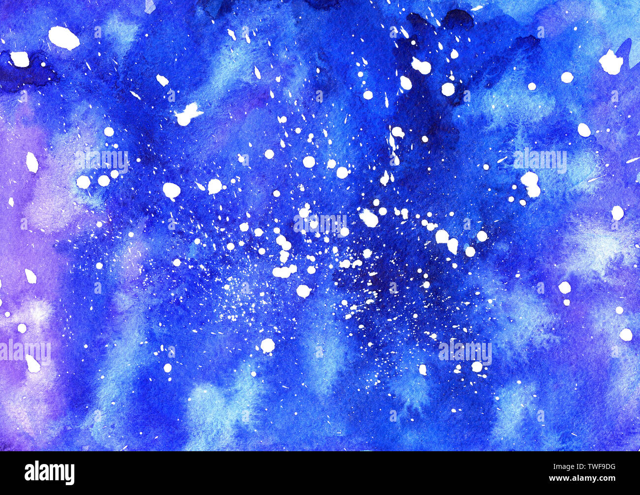 Abstract watercolor hand drawn blue cosmic background with white splashes. Blue and violet nebulae. Stock Photo