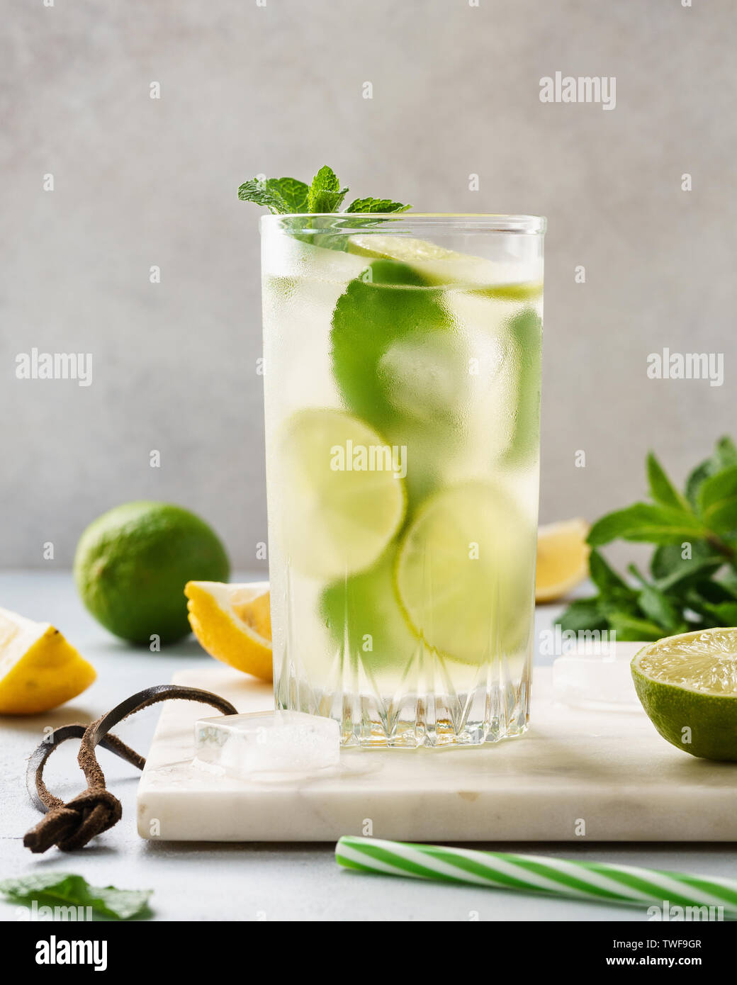 Lemonade drink of soda water with lemon, lime and fresh mint in a glass. Stock Photo