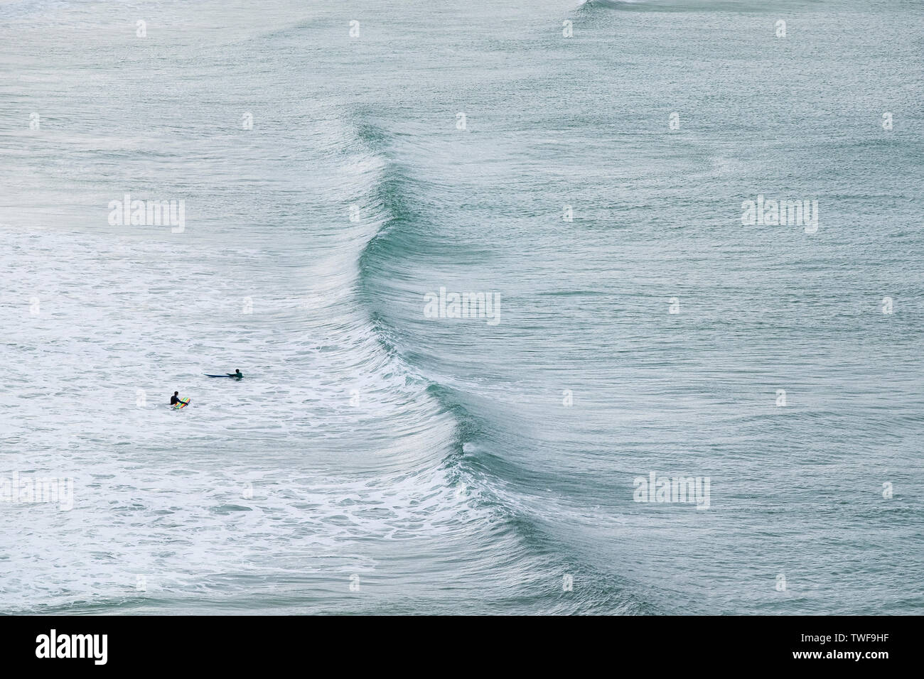 Surfers waiting for an incoming wave at Crantock Beach in Newquay in Cornwall. Stock Photo
