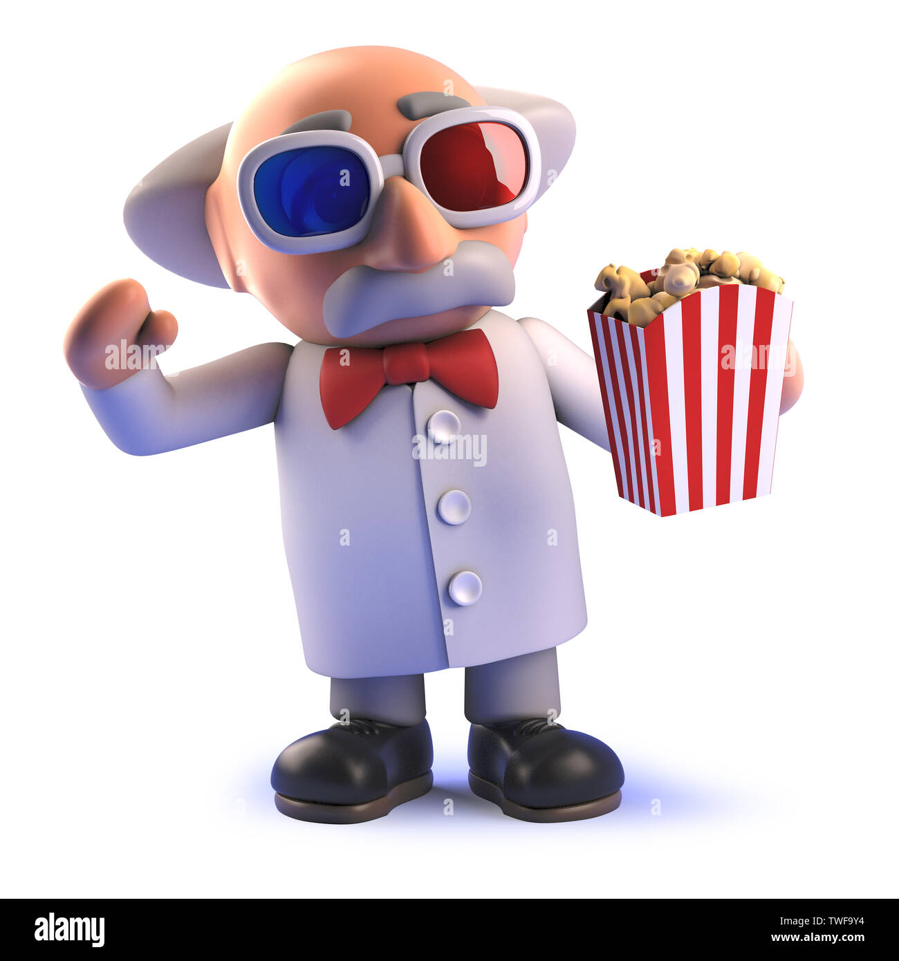 3d rendered image of a crazy mad scientist watching a movie with 3d glasses  and popcorn in 3d Stock Photo - Alamy