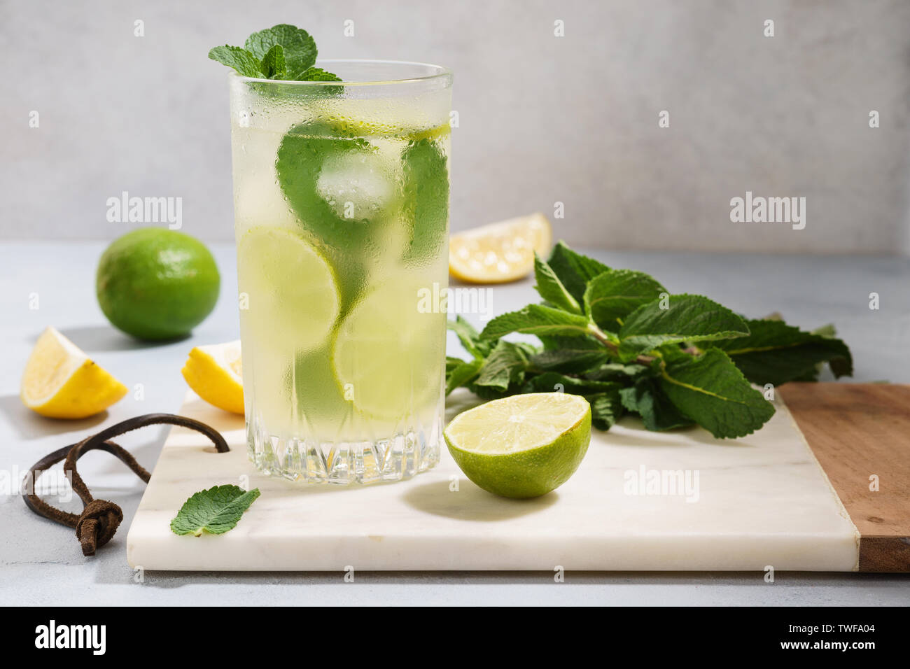 Detox water infused with sliced lemon, lime and mint. Healthy drink concept. Stock Photo