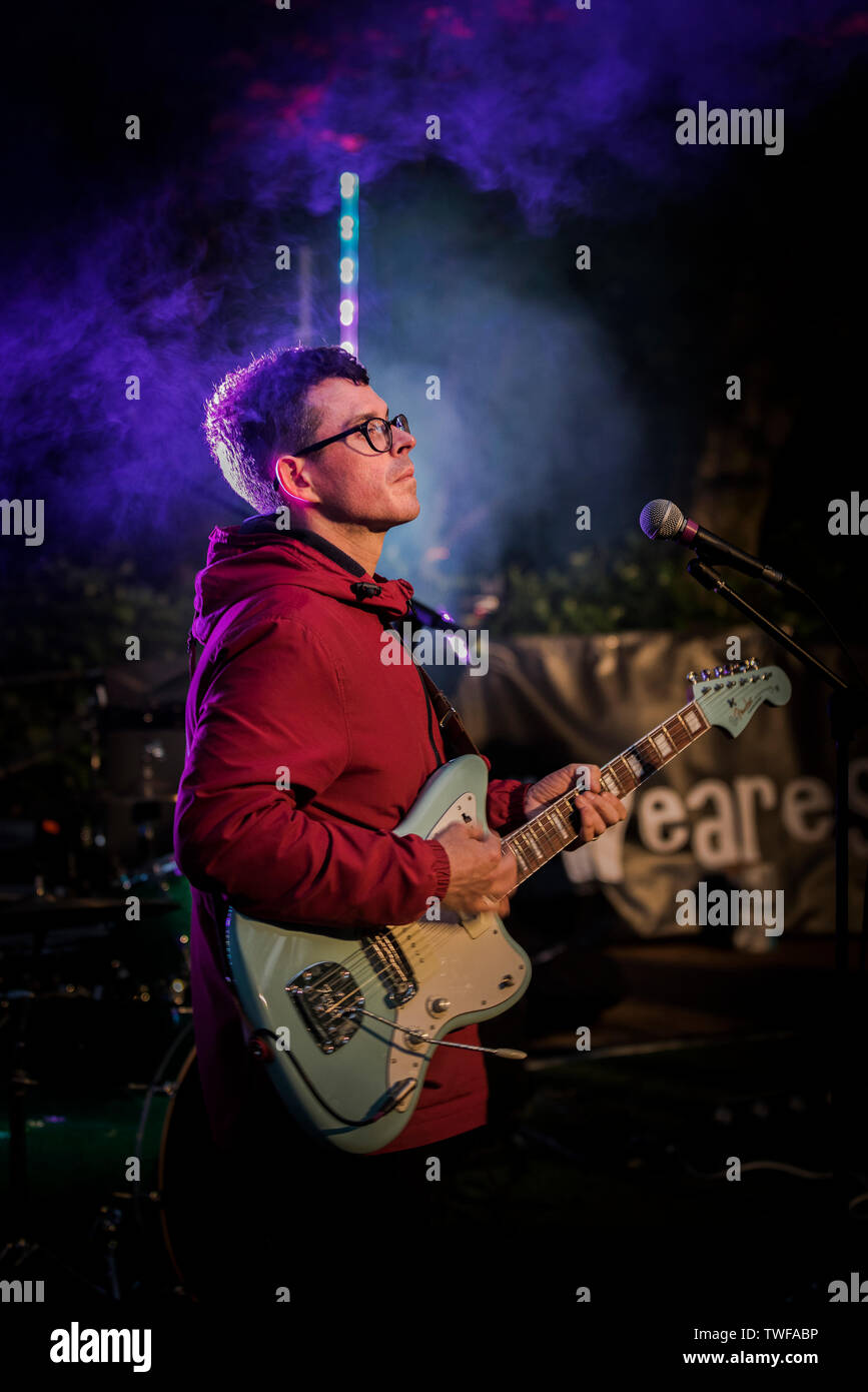 A Northern Funk band play at Trebah Garden in Cornwall. Stock Photo