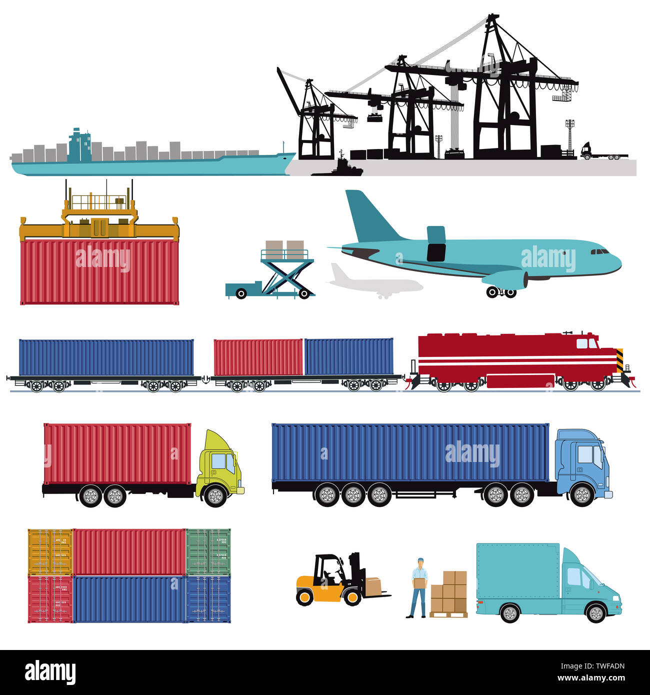 Commercial port with freight train, truck and container ship Stock Photo
