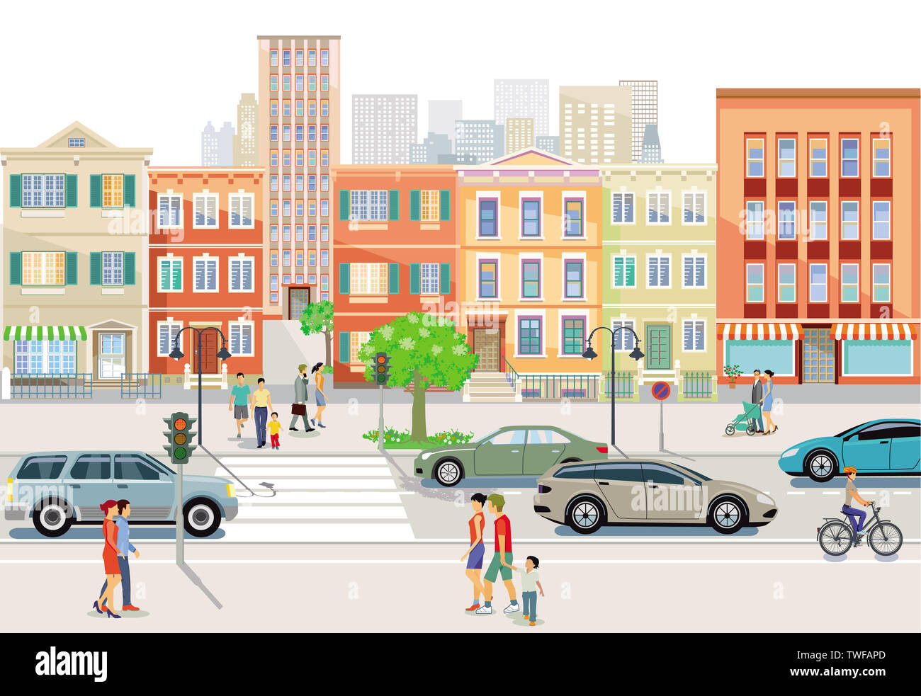 City with traffic and pedestrians on the sidewalk Stock Photo - Alamy