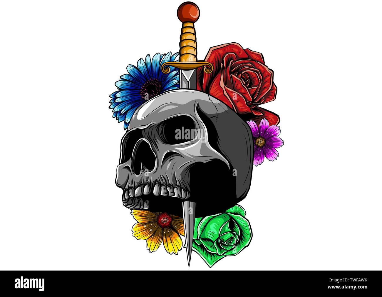 tattoo skull with roses and knife vector illustration Stock Vector ...