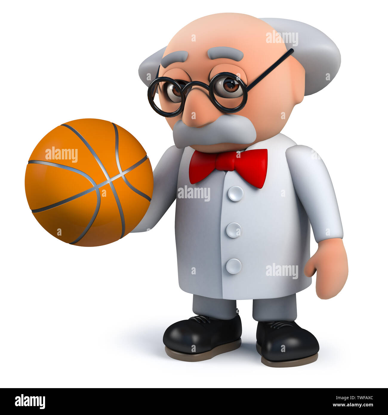 Rendered image in 3d of a mad scientist professor character holding a basketball in 3d Stock Photo