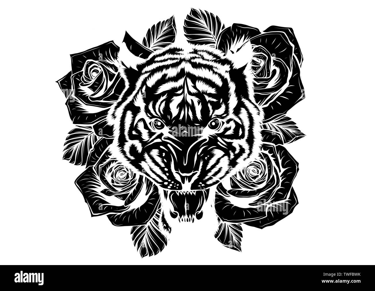 vector illustration of roaring tiger head and roses tattoo Stock Vector ...