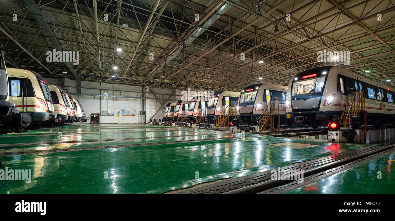 Inside view of subway train parking garage Stock Photo Alamy