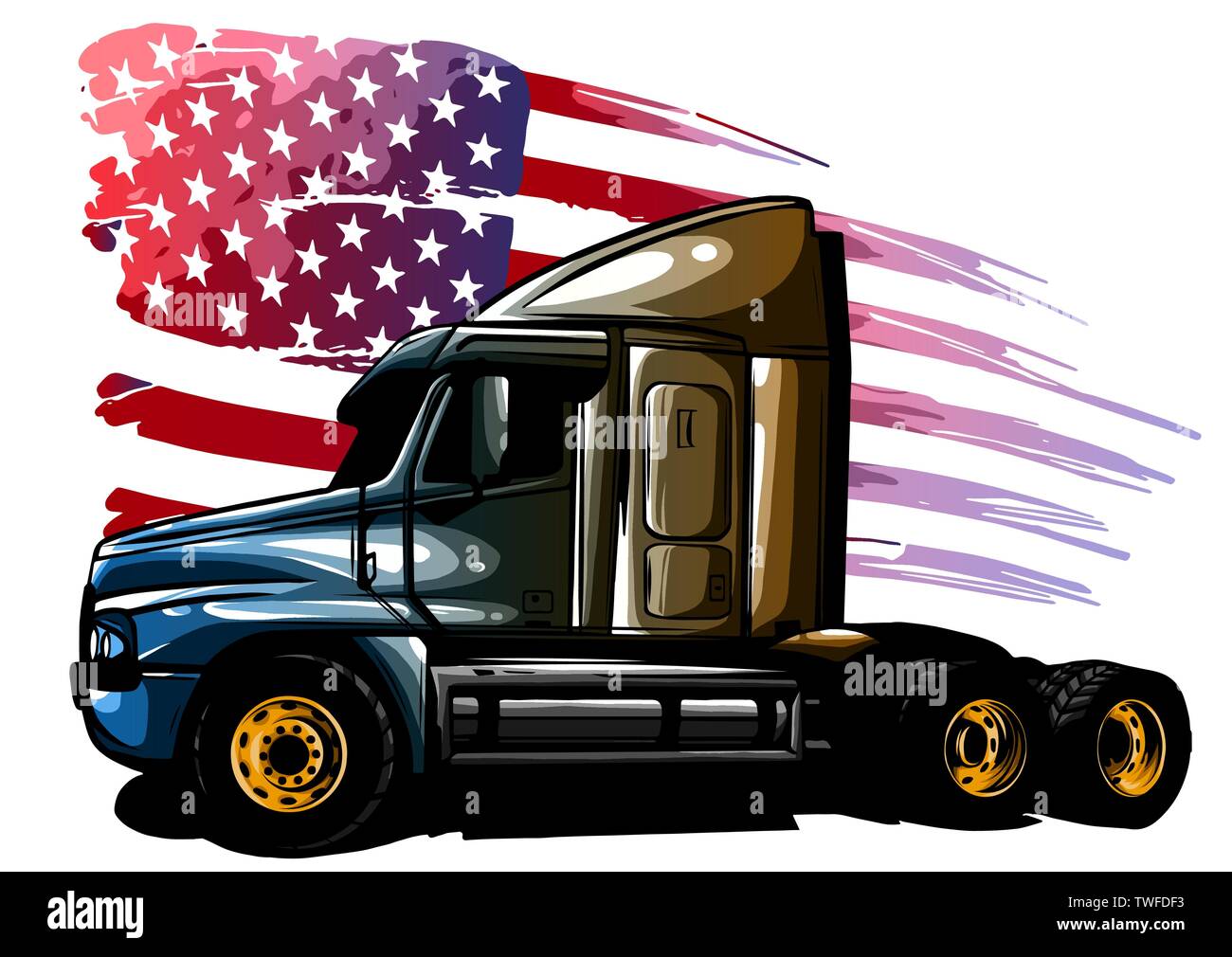 vector graphic design illustration of an American truck with stars and stripes flag Stock Vector